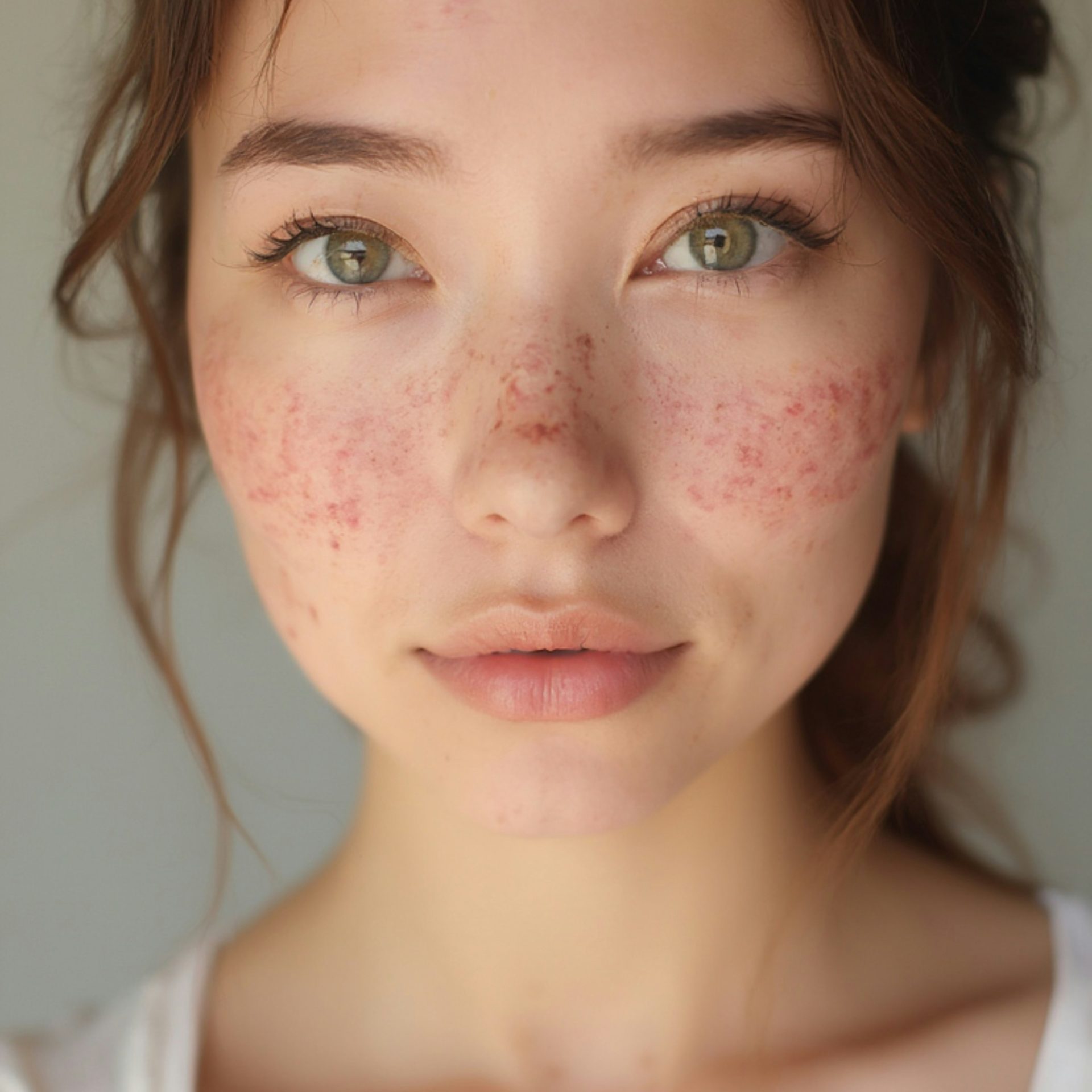 Eine junge Frau mit Sommersprossen im Gesicht